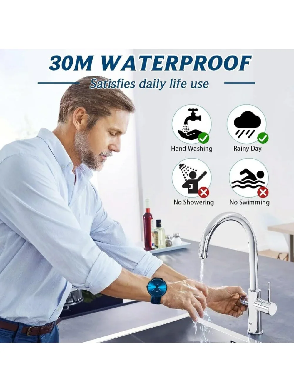 Unisex Sky Blue Ultra-Thin Minimalist Waterproof Leather Band Dress Wrist Watch